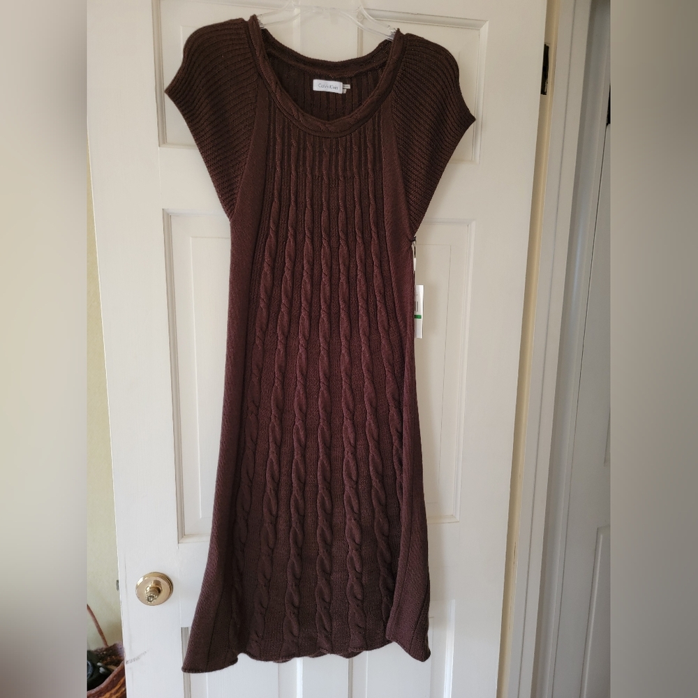 Calvin Klein Size Large NWT Elegant Brown Cable Knit Dress